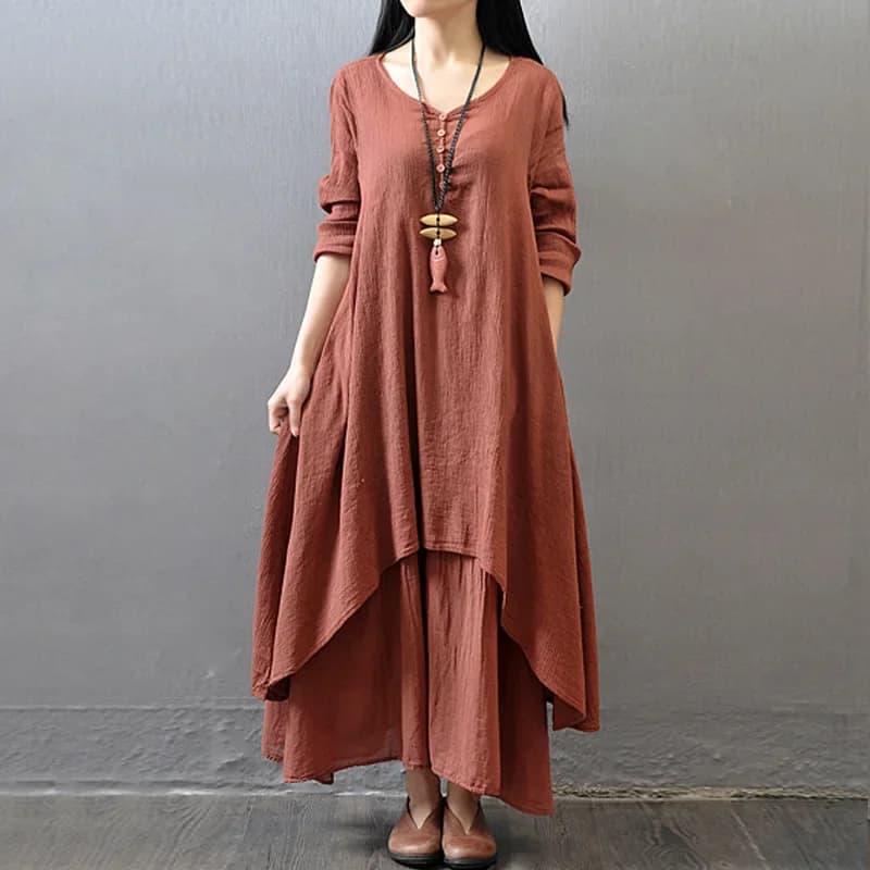 Primavera Autunno Nuove donne Abiti eleganti Boemia Stratificazione Abito vintage Manica lunga Abito lungo allentato Gonna di canapa di cotone femminile