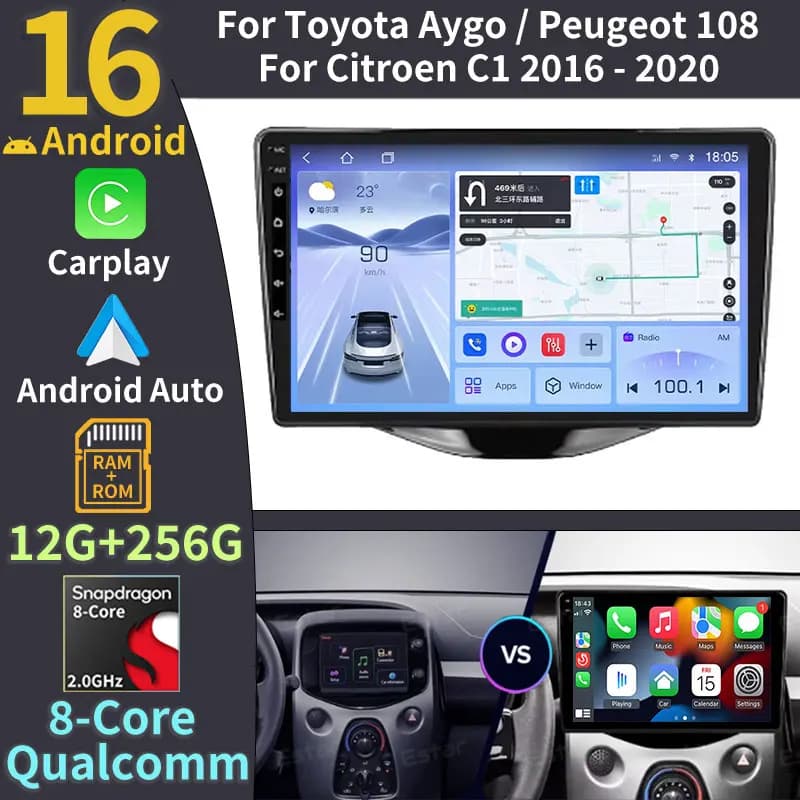 Android 16 Car Radio For Toyota Aygo Peugeot 108 Citroen C1 2016 - 2020 Qualcomm 2K QLED Multimedia Video Player NAVI DSP Stereo