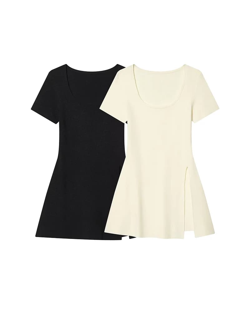 Camicette da donna a maniche corte con scollo a U, maglie in maglia con orlo a spacco, top neri e beige