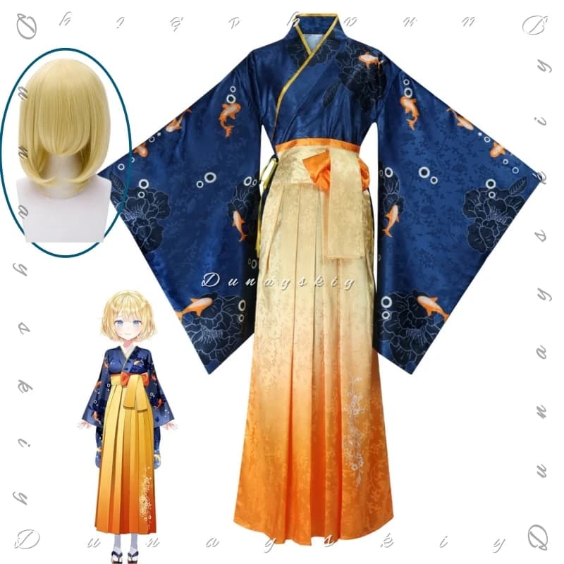 Costume Cosplay Amelia Watson Stile Giapponese, Kimono con Stampa di Pesci Koi Blu, Gonna Hakama Sfumata Arancione, Set Completo Outfit Hololive EN