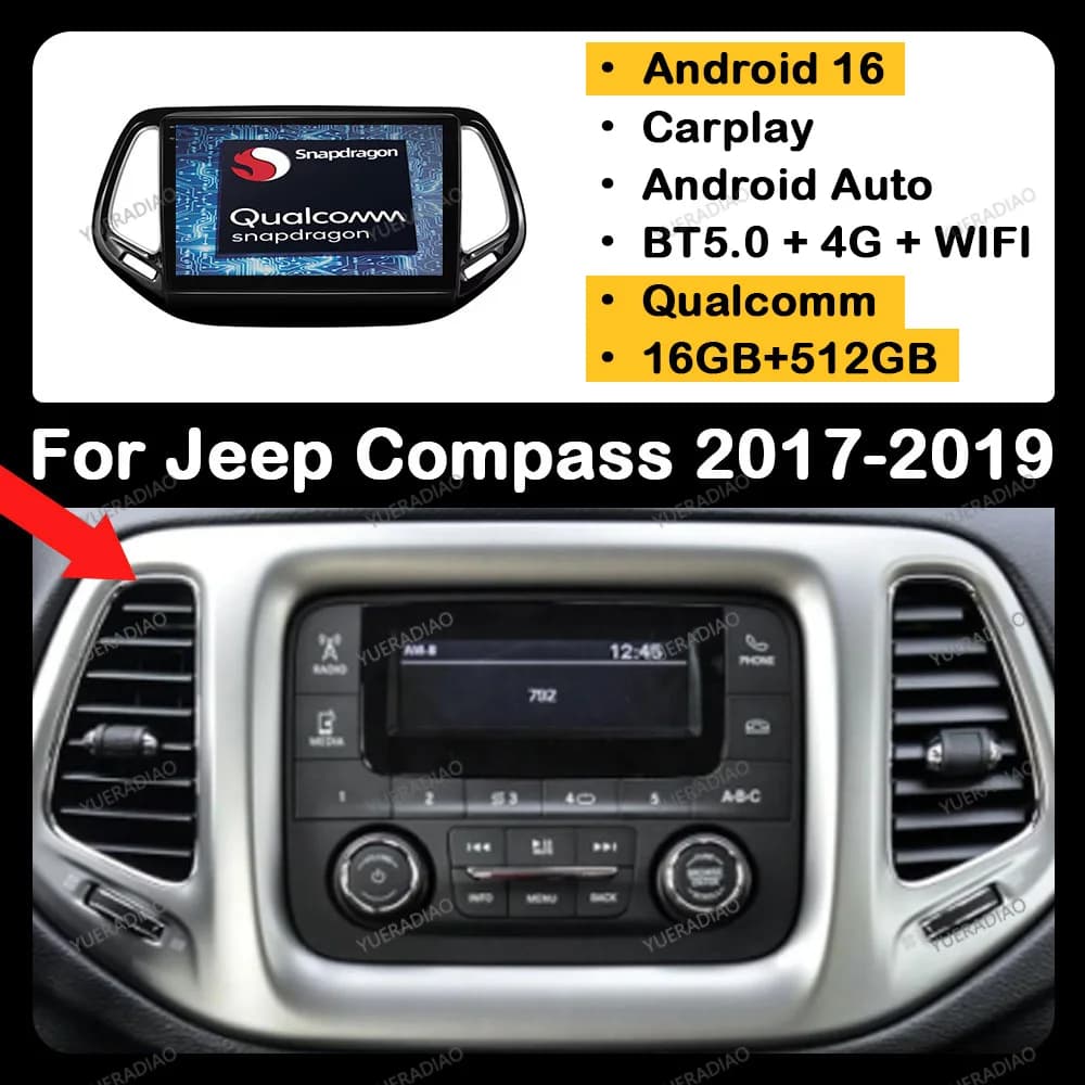 Autoradio Android 16 per Jeep Compass 2017 2018 2019 Qualcomm 4G WIFI BT Multimedia Stereo Video Player Head Unit GPS NAVI 2DIN
