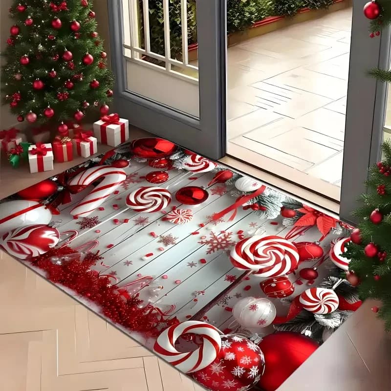Stampelle rosse e bianche con zerbino natalizio in pan di zenzero, morbido peluche, porta d'ingresso, cucina, soggiorno, vacanza, casa