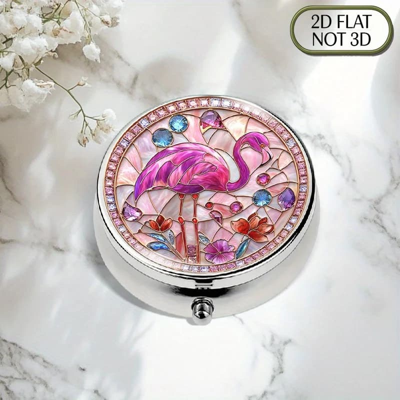 A flat, portable, round metal pill box with a circular stained glass pattern featuring flamingo gemstone accents, designed for storing medication, vitamins, or supplements. It is perfect for organizing small accessories, coins, and travel essentials, making it an ideal gift
