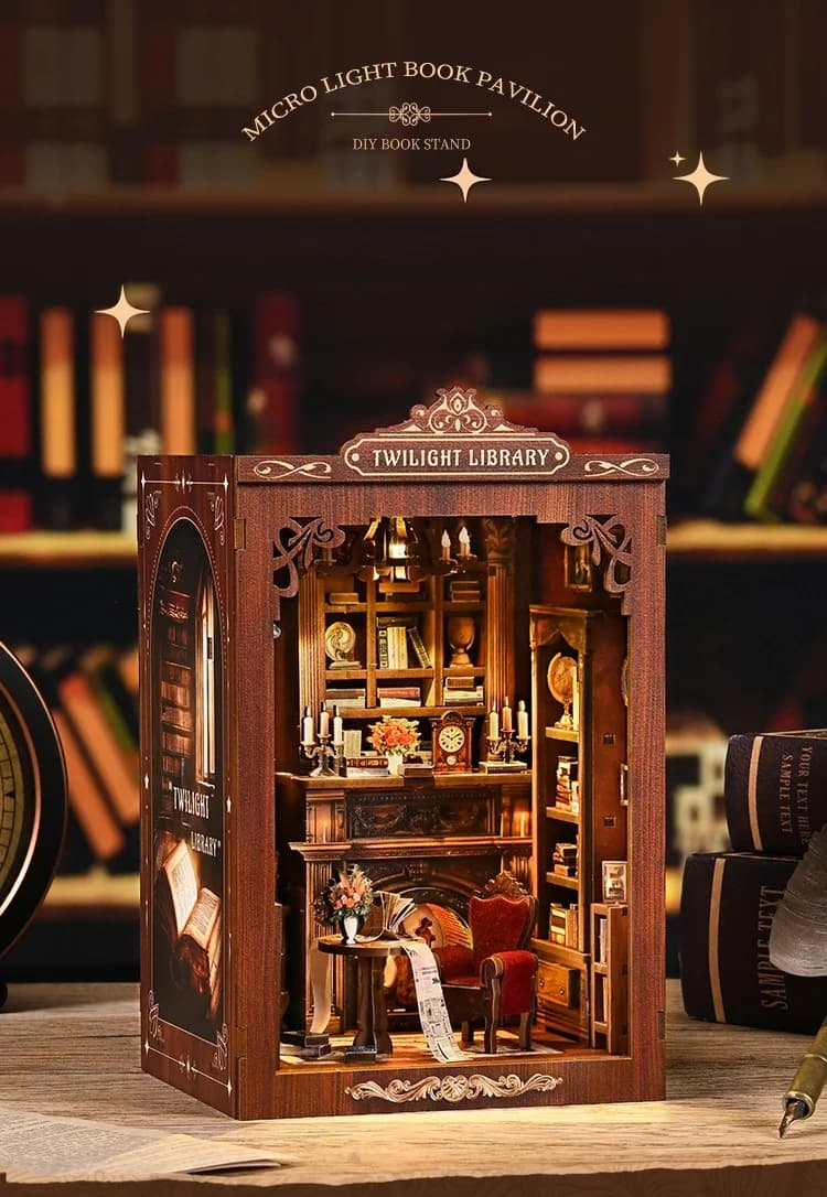 DIY Book Nook Kit Miniature Wooden Dollhouse with Light Bookshelf Insert Decoration Model for Bookshop Memories Christmas Gifts