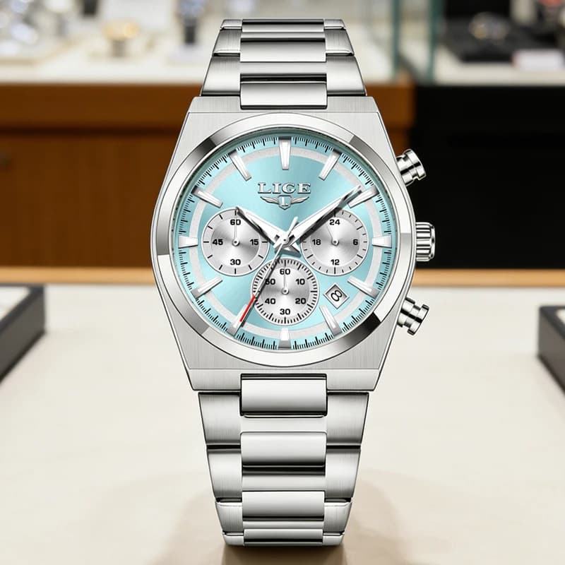 Luxury LIGE Men's Watch, Waterproof and Bright, with Stainless Steel Strap, Quartz Movement, Elegant Gift