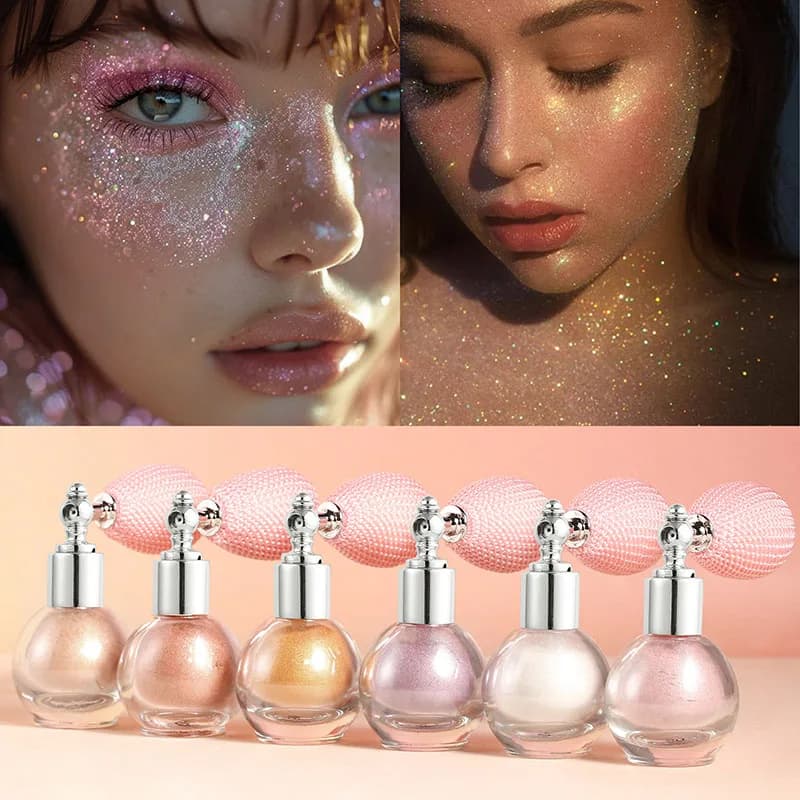 Polvere evidenziatore spray glitterato diamante ad alta lucentezza Illumina la polarizzazione Polvere fata Viso Illuminatore corpo Cosmetici per il trucco