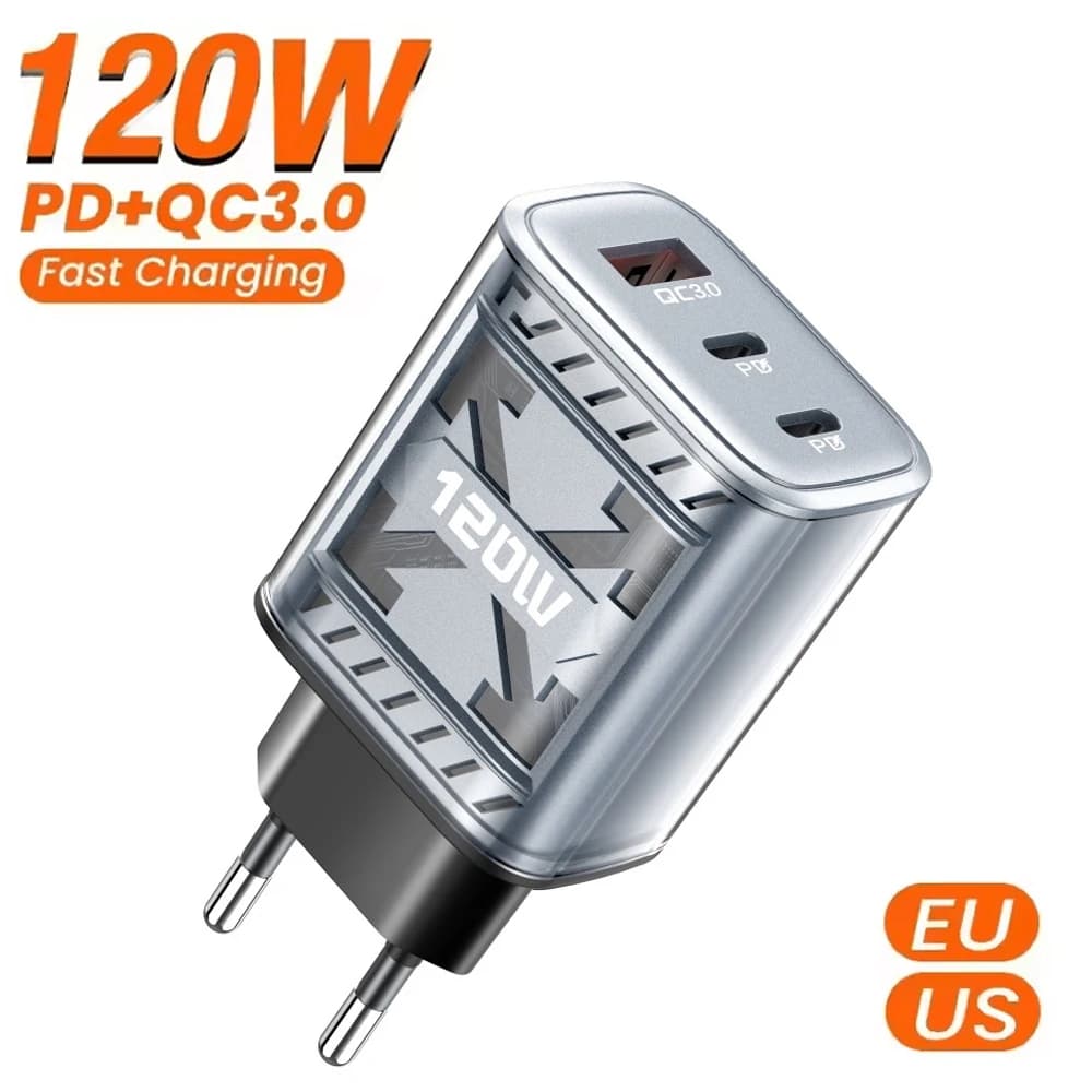 Caricatore USB C da 120W a 3 porte con ricarica rapida PD, adattatore di alimentazione per iPhone, Samsung, Xiaomi, QC3.0, con spina EU/US, caricatore da parete da viaggio.