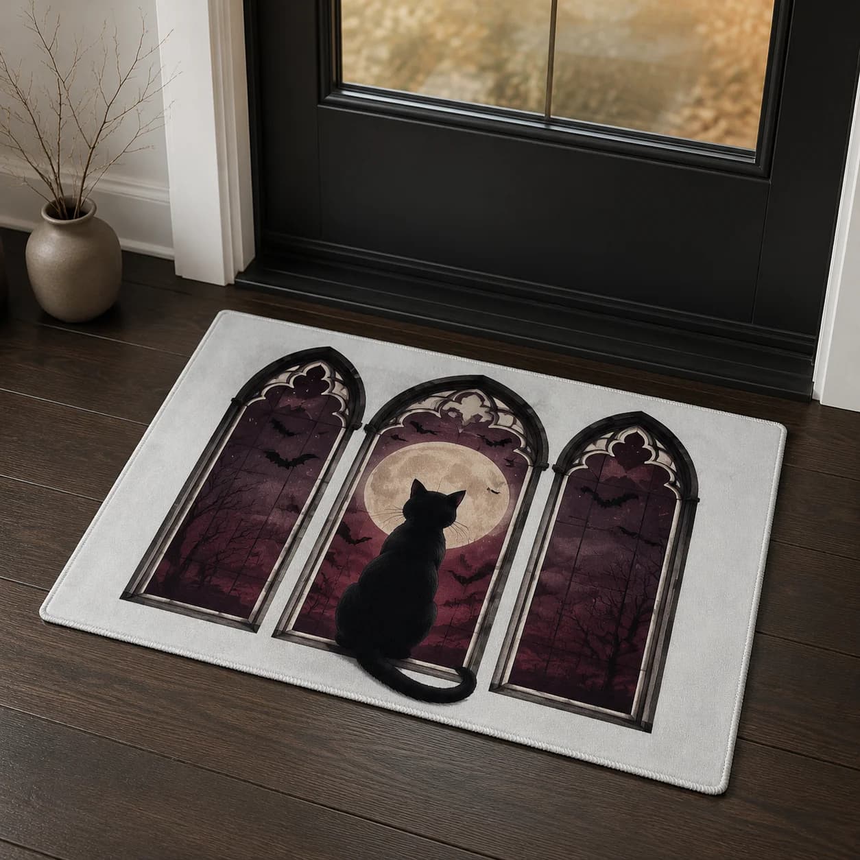 Personalized Gothic Halloween Absorbent Doormat Spooky Black Cat Design Wear‑Resistant Rug for Indoor Outdoor Entryway Decor