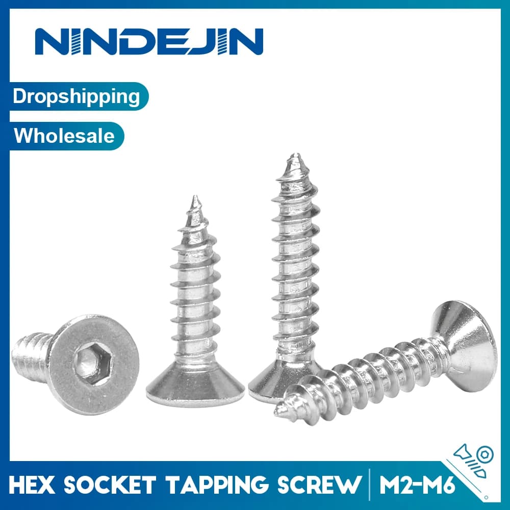 NINDEJIN 5-50 pz Viti autofilettanti a esagono incassato a testa piatta M2 M3 M4 M5 M6 Vite a testa a brugola in acciaio inossidabile per legno