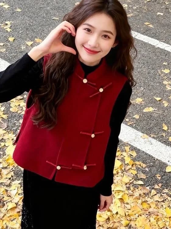 Red Chinese Style Jacket Women's Sleeveless Button up High Collar Fashionable Commute Style Autumn Winter Outerwear Top