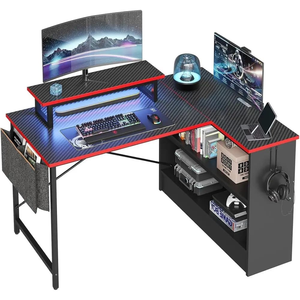 L-shaped gaming desk with 42 LED lights and storage shelves, PC desk with side bag and bedroom monitor support