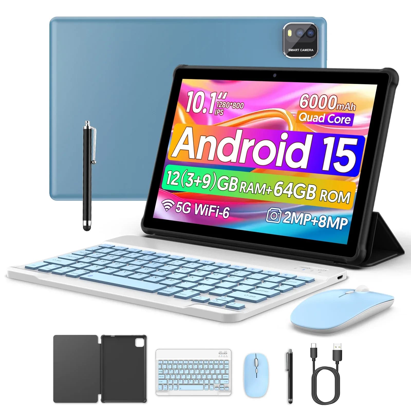 Tablet BAKEN da 10 pollici con slot per scheda SIM, Android 15, Wi-Fi, GPS, Bluetooth, archiviazione da 64 GB, doppi altoparlanti, porta USB-C