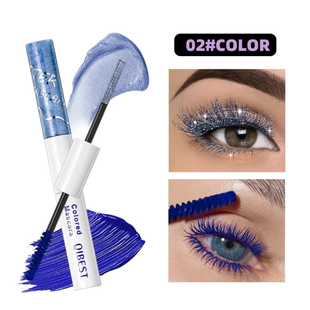 QIBEST Diamond Glitter Mascara Double Headed Long Lasting Colored Mascara Voluminous Pink Blue Red Waterproof Mascara Eyelashes