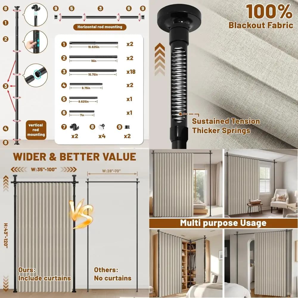 Split curtain for cream white environments (100x84 inches, 1 panel) with adjustable curtain rods without drill for apartments and dorms