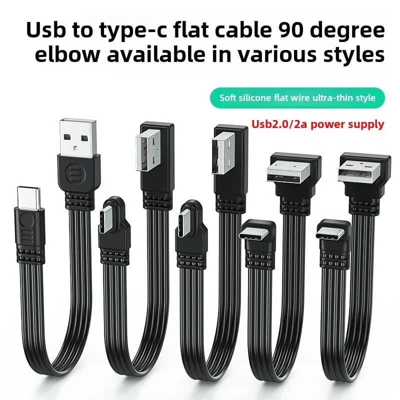 Flat Flexible Straight & Up & Down & Left & Right Angled 90 Degree USB Male to Type C Male Charging and Data Cable 0.1M 0.3M 0.5