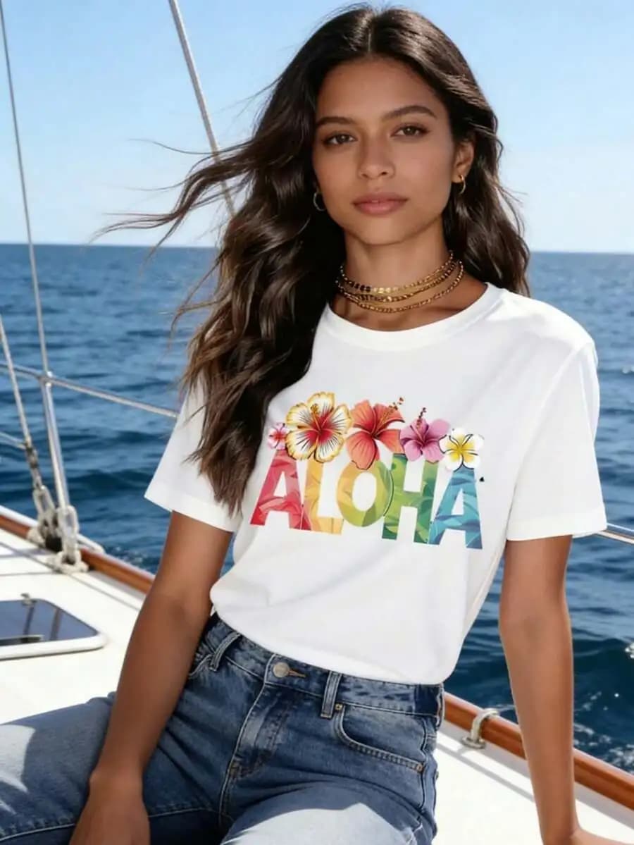 T-shirt da donna con grafica floreale tropicale Aloha, top casual estivo