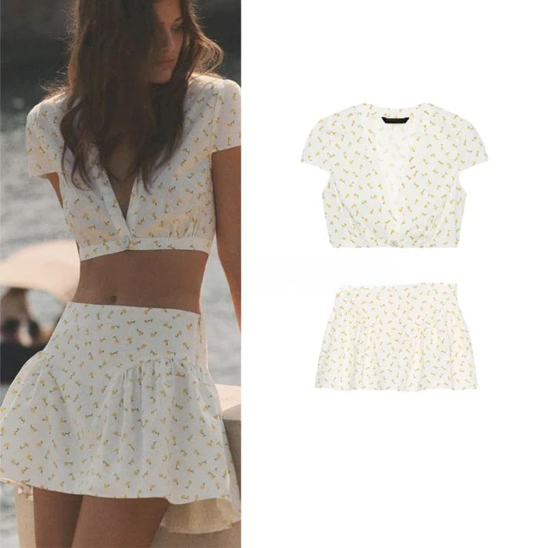 Length Short Sleeve V-Neck Floral Decorated Pleated Half Skirt Women's Fashion Summer Outfit Two-Piece Set Short Dress