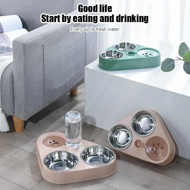 Set Ciotole 3-in-1 per Animali Domestici con Bottiglia d'Acqua, Distributore Automatico e Doppie Ciotole in Acciaio Inox per Cani e Gatti