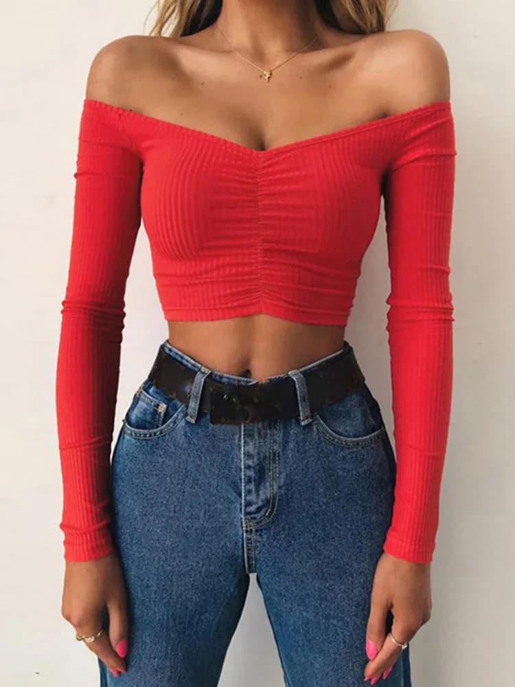 T-shirt da donna sexy e club moda femminile T-shirt manica lunga con spalle scoperte tinta unita Lady Tshirt autunno T-shirt basic
