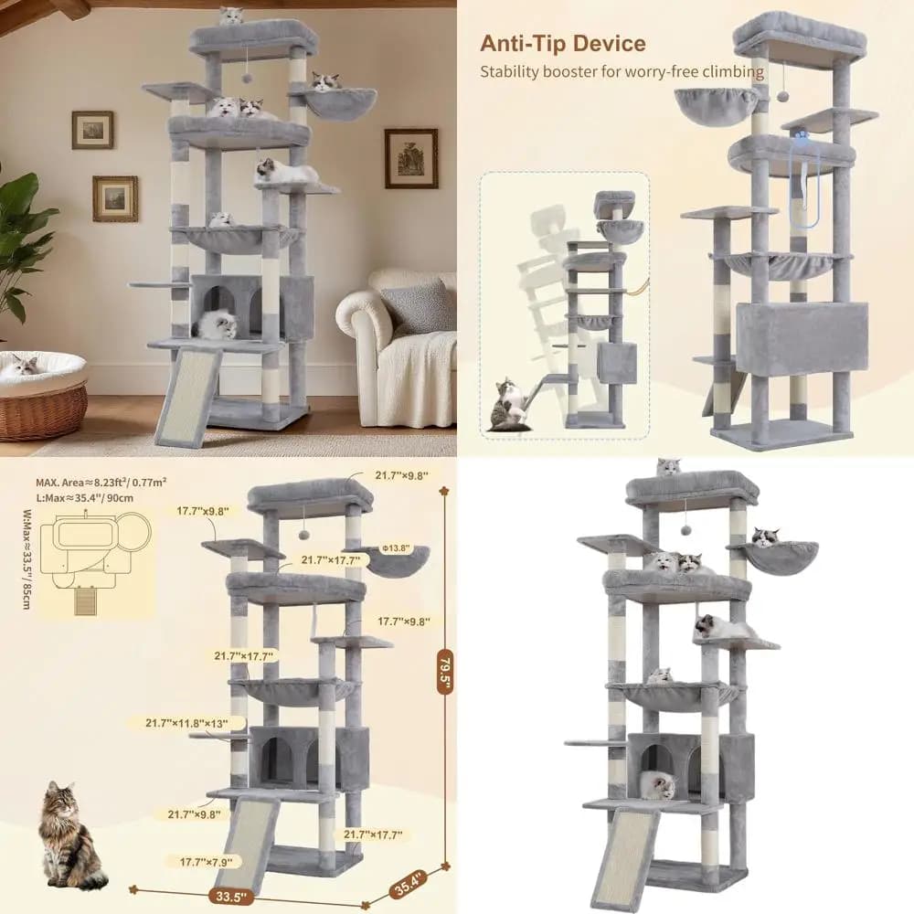 Albero per gatti grigio chiaro da 80 pollici con piattaforme multilivello, 2 posatoi in peluche, tiragraffi e grotte per gatti di grandi dimensioni