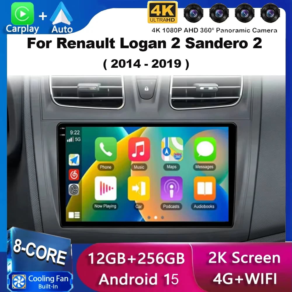 Autoradio multimediale Android 16 per Renault Logan 2 Sandero 2 2014-2019 Symbol 2 Din con Carplay, GPS e lettore DVD