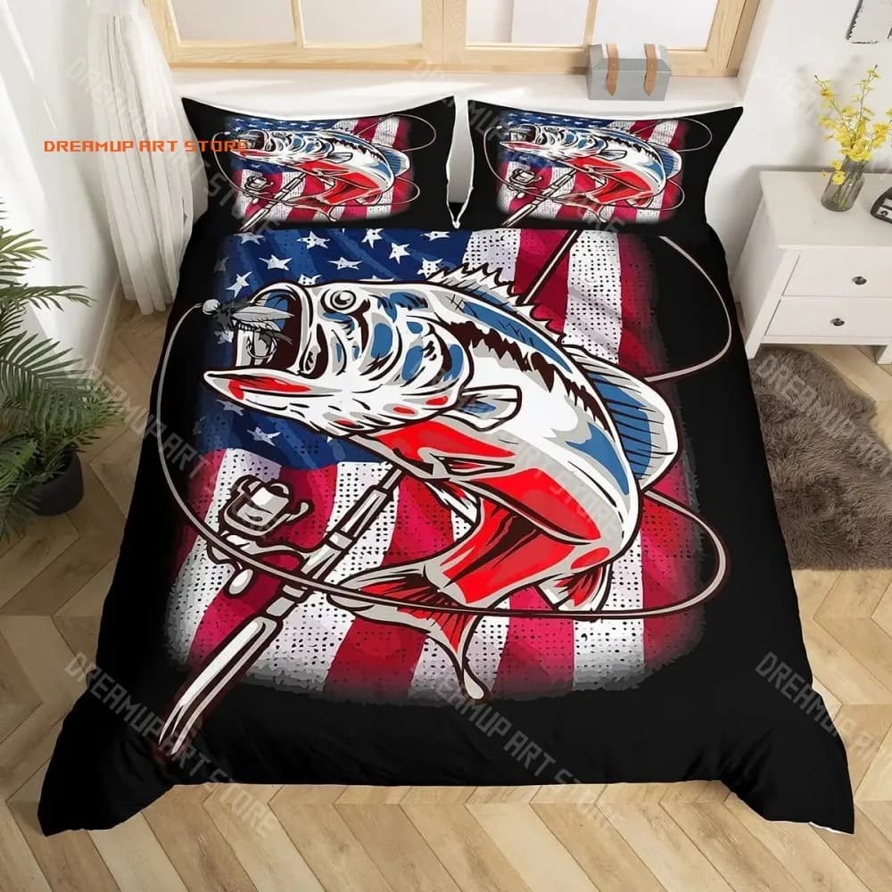 2026 Pike Fish Bedding Striped Bass Big Pattern Hunting And Fishing Themed Duvet Cover For Kids Boys BedRoom Decorations For Tee
