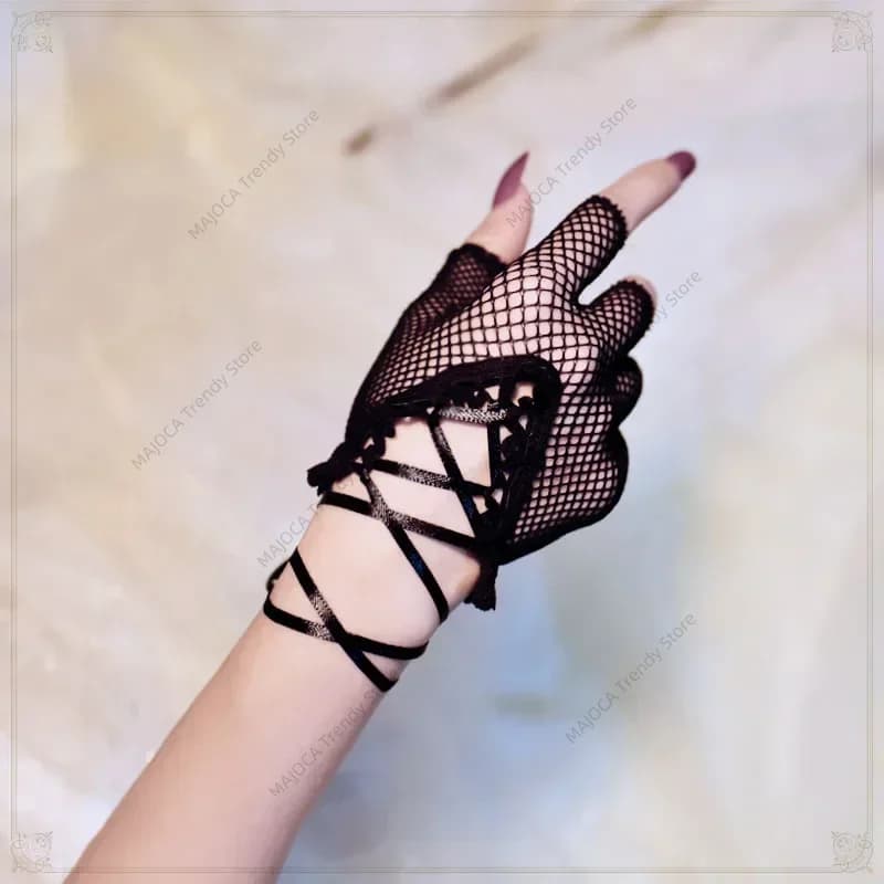 Guanti neri con lacci mezze dita Lolita rete da pesca cava guanto gotico Steampunk ragazza fresca con accessori per tea party
