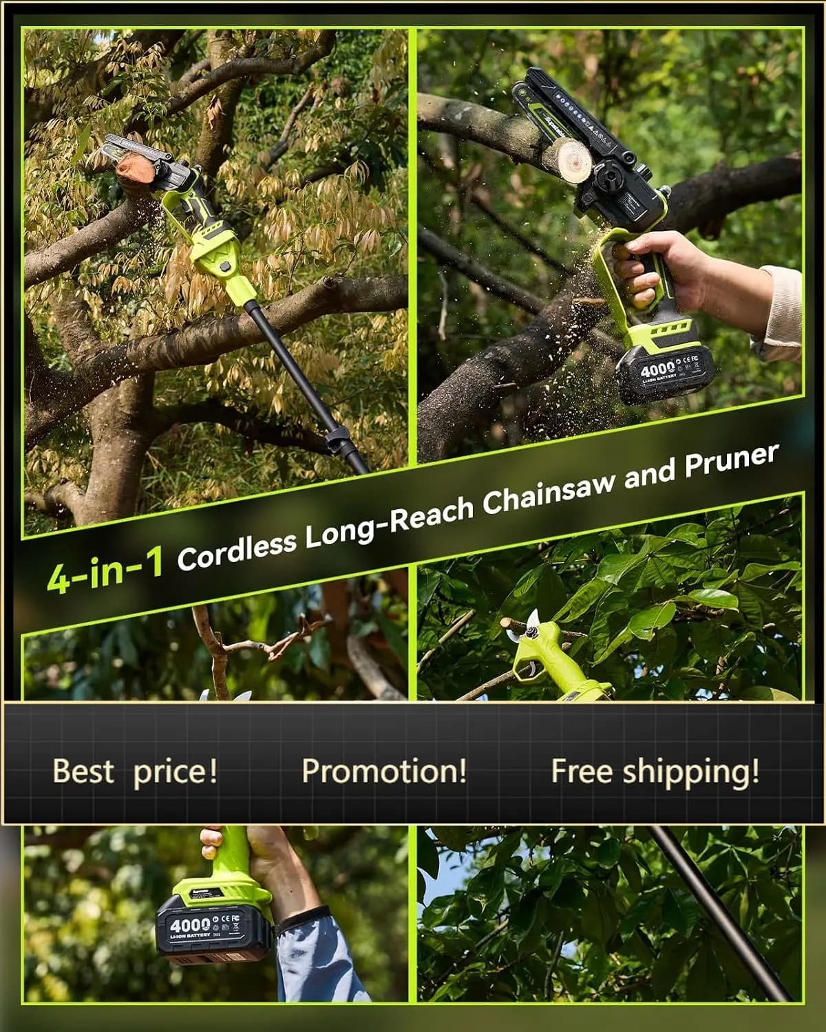 Bestseller4-in-1 Pole Saw & Pruning Shears Combo Kit, 6 Inch Mini Chainsaw for Tree Trimming, Battery Powered Chain Saw with Ext