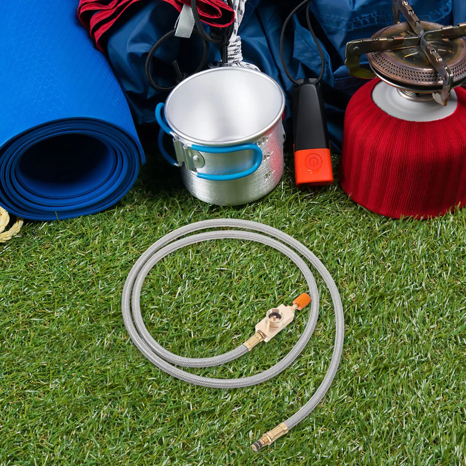 Outdoor gas cylinder adapter, portable extension with long tube, light pipe for camping stove, fireplace and gas appliances