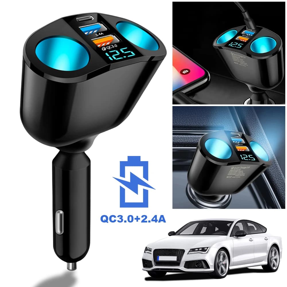 Adattatore per Presa Accendisigari Auto con 2 Porte USB PD QC3.0 12V-24V, Caricatore Rapido 2.4A per Telefoni Cellulari e DVR
