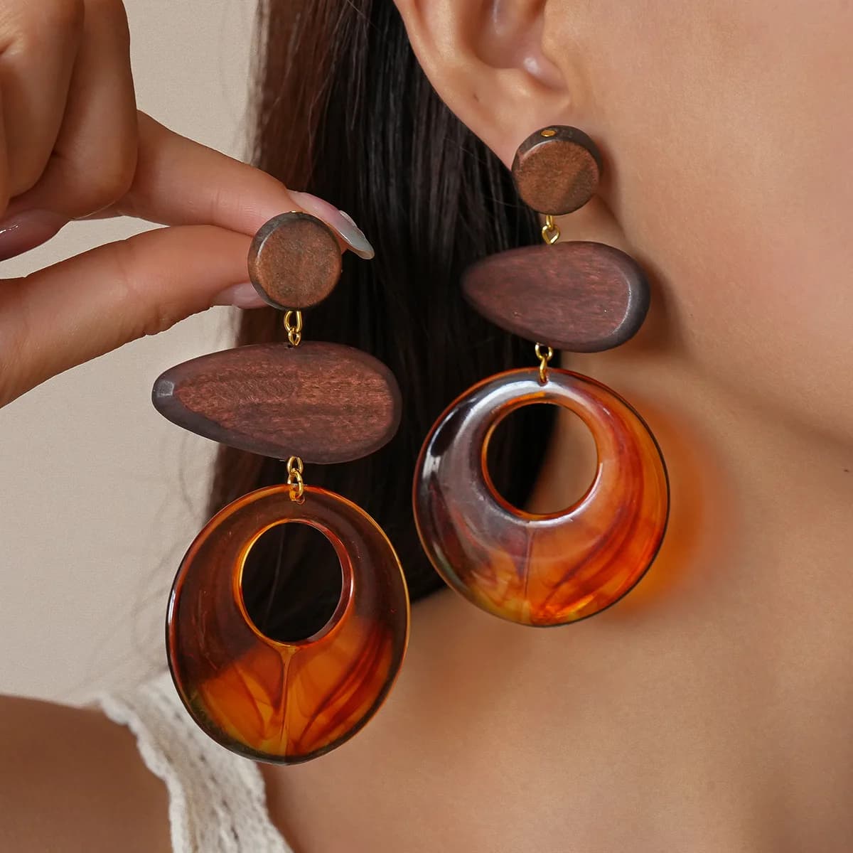 Resin wood water drop love round silver needle earrings ethnic style retro high sense niche fashion earrings
