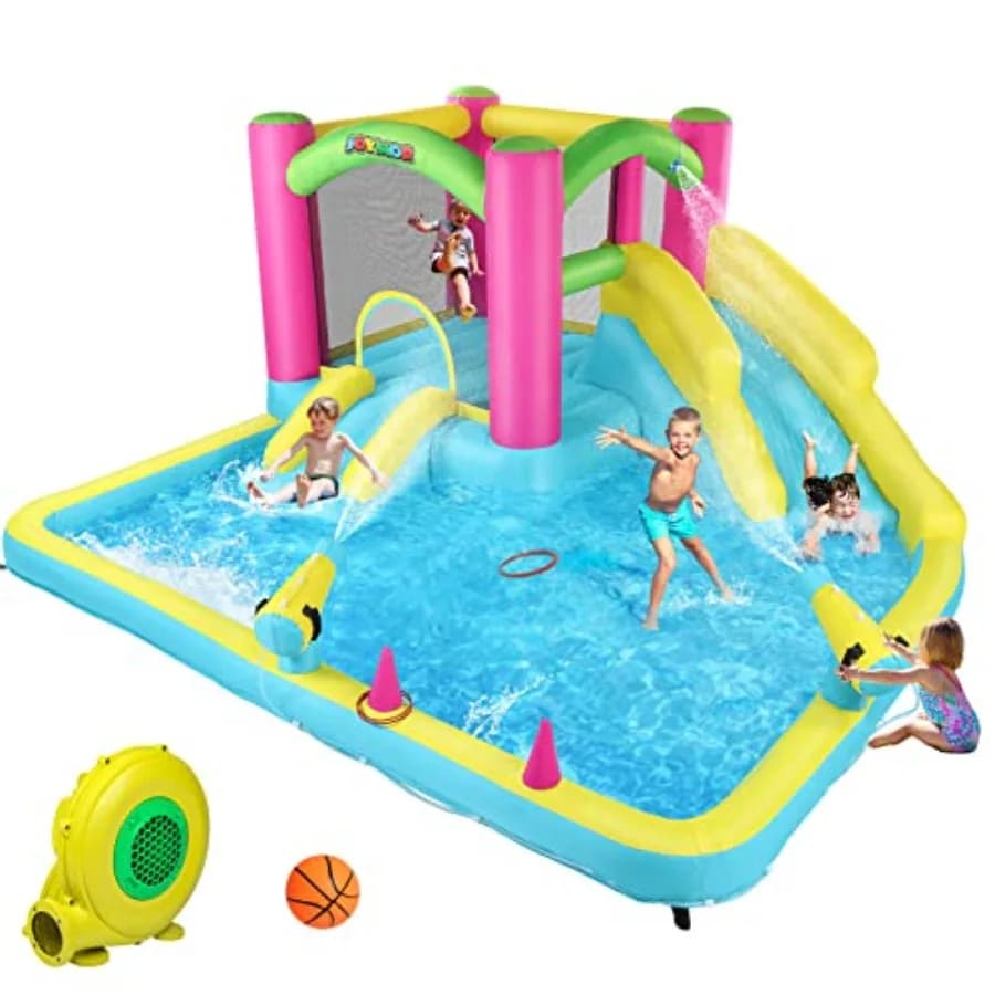 Casa Gonfiabile con Doppio Scivolo d'Acqua per Bambini 3-10 Anni, Blu, Divertimento all'Aperto con Cannoni ad Acqua e Giochi di Lancio dell'Anello