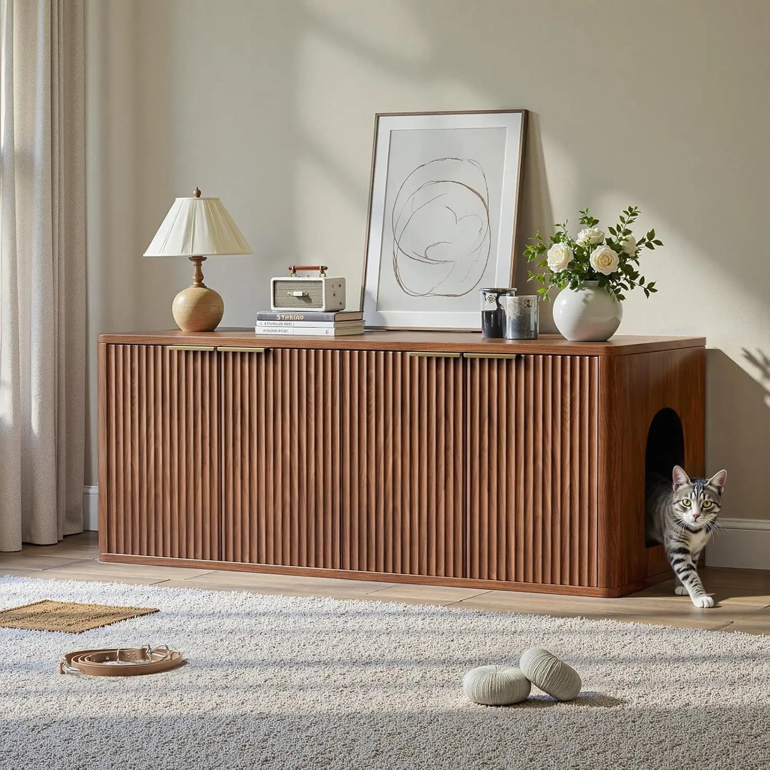 Evermagin Mobiletto per Lettiera Doppia da 124 cm, Mobiletto per Lettiera in Noce per 2 Gatti, Stile Mid-Century Modern con Finitura Scanalata