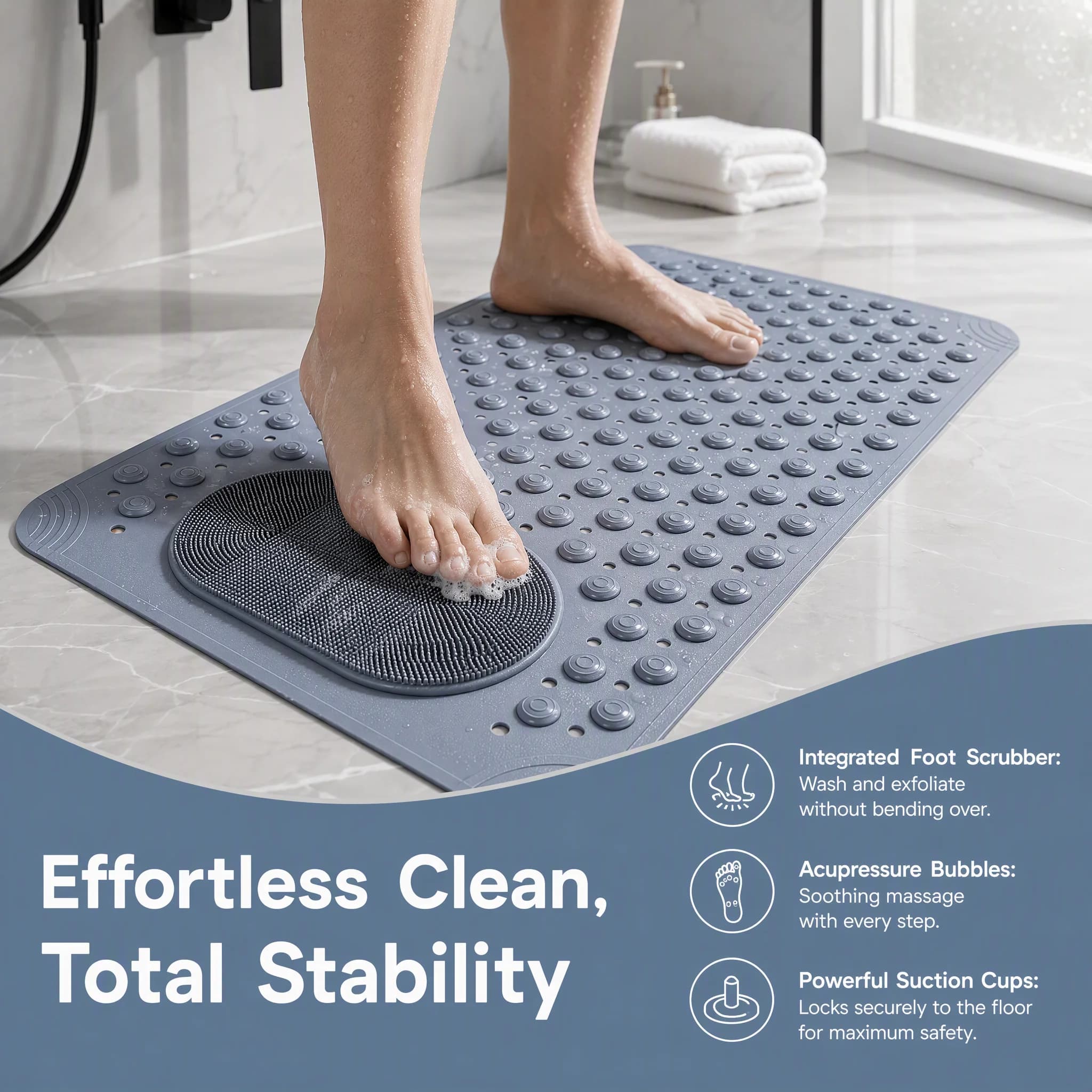 Non-Slip Bath Mat with Massage - Quick-Dry Shower Carpet,Anti-Slip Bathroom Rug, Soft Cushioned Foot Massage Surface,for Bathroo