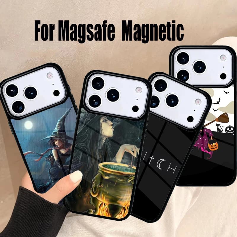 Cover per iPhone 17 Air 16e 15 14 13 12 11 Pro Max Plus con design Halloween Luna Strega Horror, compatibile Magsafe Wireless Magnetico