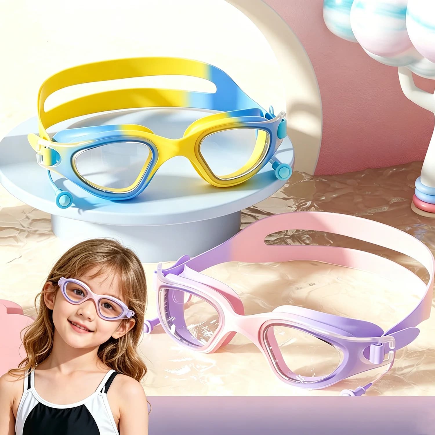 HD Children's Waterproof Anti-fog Swimming Goggles with Integrated Earplugs, Unisex for Boys and Girls, Teens, Ages 3-14