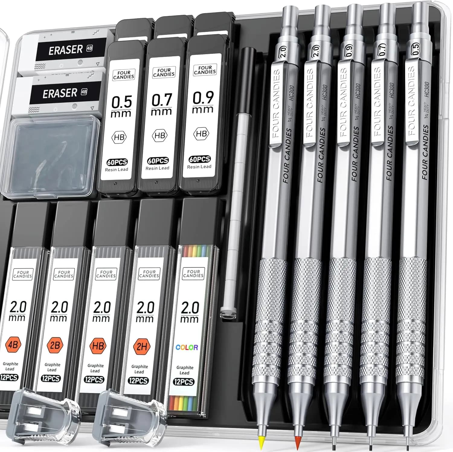 Metal Mechanical Pencil Set: 5 Pencils (0.5, 0.7, 0.9, 2.0mm) + 420 Leads + Erasers & Sharpeners, for Drawing Sketching Writing