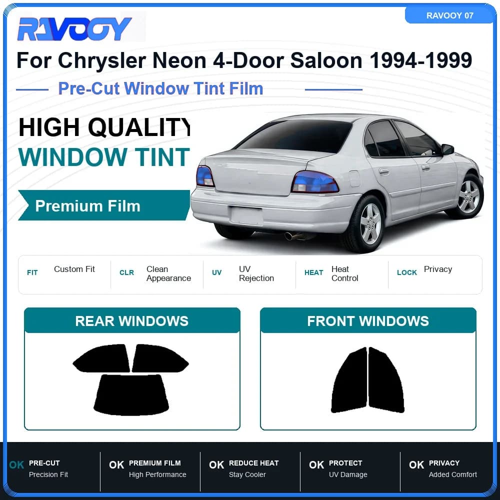 RAVOOY Precut Window Tint, Reusable Removable EPU Film, Custom Fit for Chrysler Neon 4 Door 1995-2004, UV Heat Protection