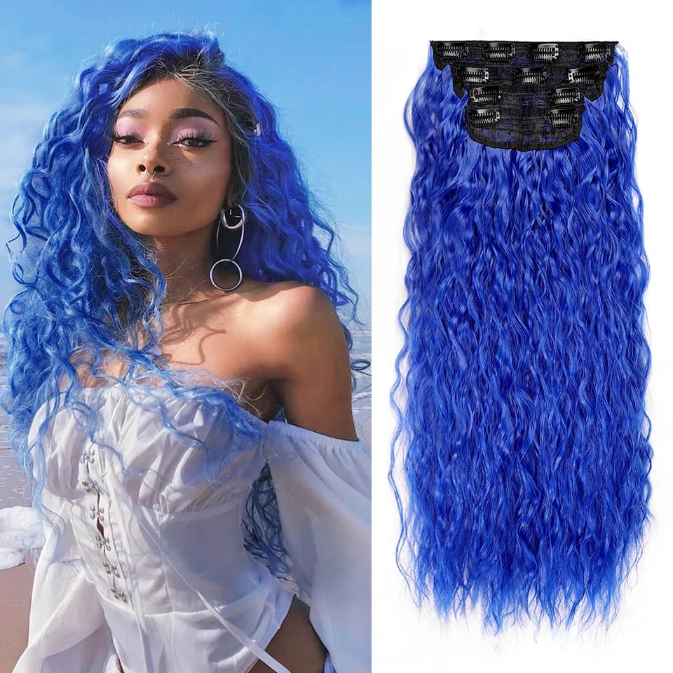 4 pezzi di extension per capelli a clip, ondulate, 20 pollici, blu, lunghe, ricce, sintetiche, spesse, per donne, per uso quotidiano e feste.