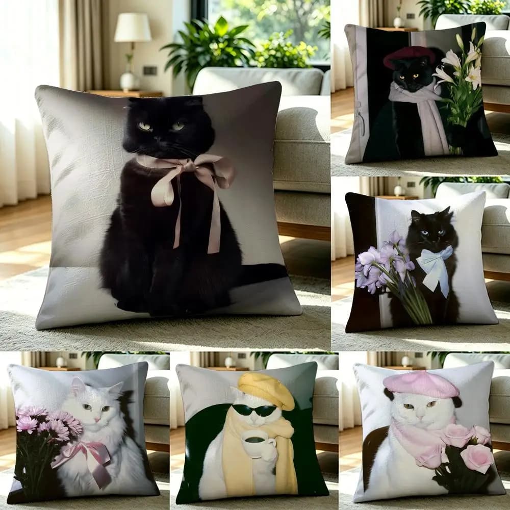 Set di fodere per cuscini C-Cute Cats in lino naturale, decorazione tutto in uno per divano, camera da letto e sedia