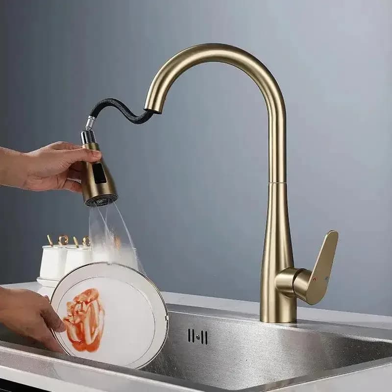 Brushed Gold Pull Out Kitchen Faucet Sink Faucet 360 Degree Rotation Water Tap Deck Mounted Mixer Stream Sprayer Hot Cold Taps