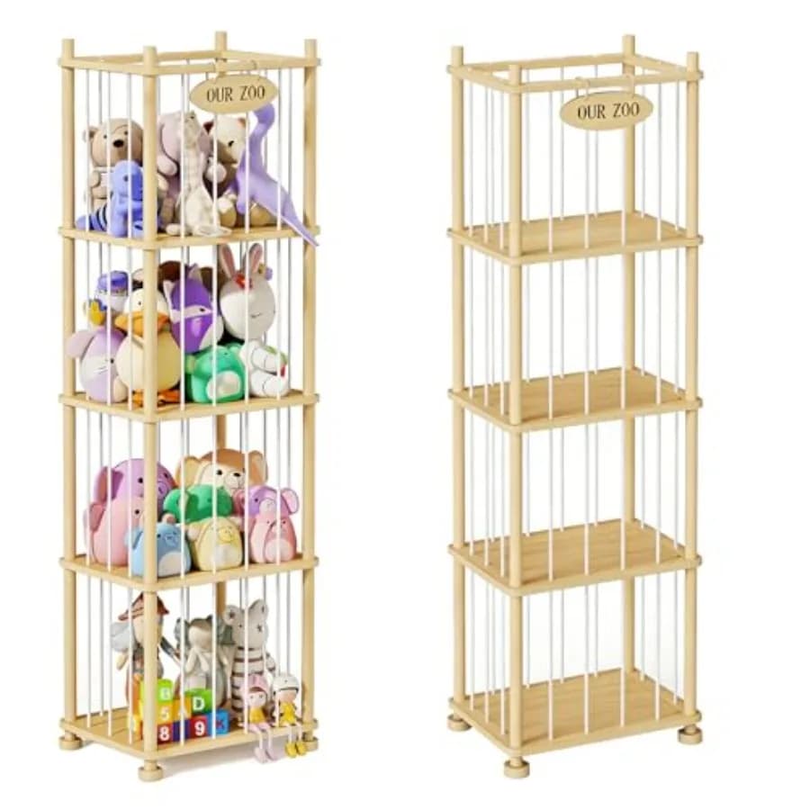 Organizzatore per Peluche in Legno di Pino Massiccio, Scaffale Porta Giocattoli con Ripiani Rimovibili, Grande Portapeluche per Camera N