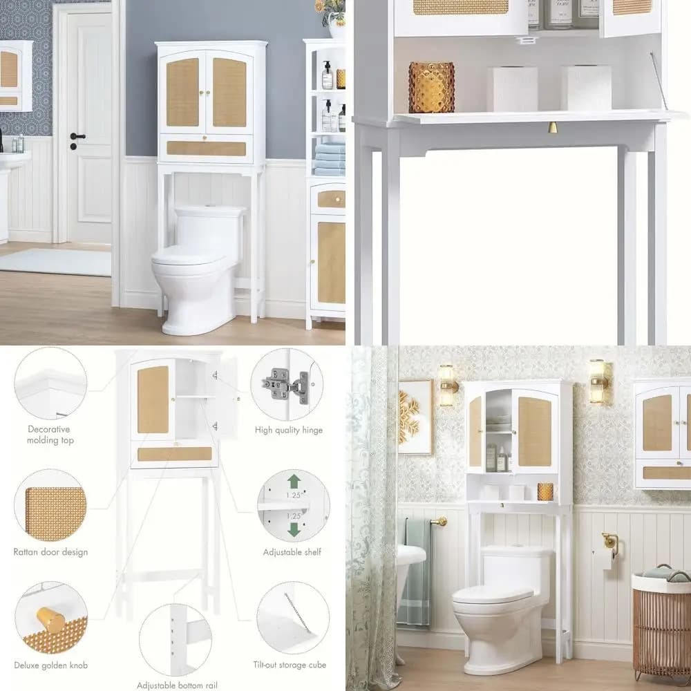Armadietto portaoggetti per WC con porta in rattan, cubo inclinabile e organizer da bagno con ripiano regolabile