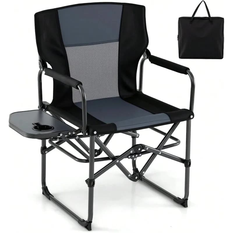 Camping Chair Folding Camping Chair, Heavy-Duty Director Chair With Side Table & Cup Holder, Portable Padded Chair With Carrying Bag For Picnic Beach Fishing Sports