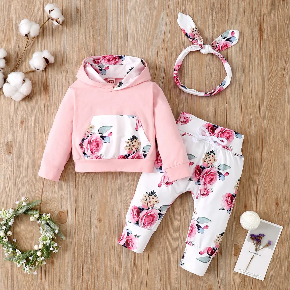 0-18 mesi neonato ragazza floreale vestiti set top stampato con cappuccio + pantaloni + fascia 3 pezzi autunno e inverno bambina moda outfit