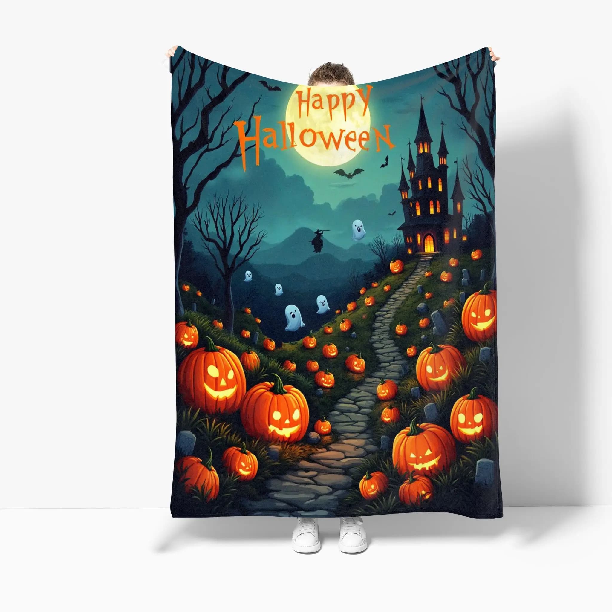 VIKAMA Halloween Cover Blanket Eerie Castle Bat Full Moon Pumpkin Light Trail Living Room Sofa Blanket Holiday Party Decoration