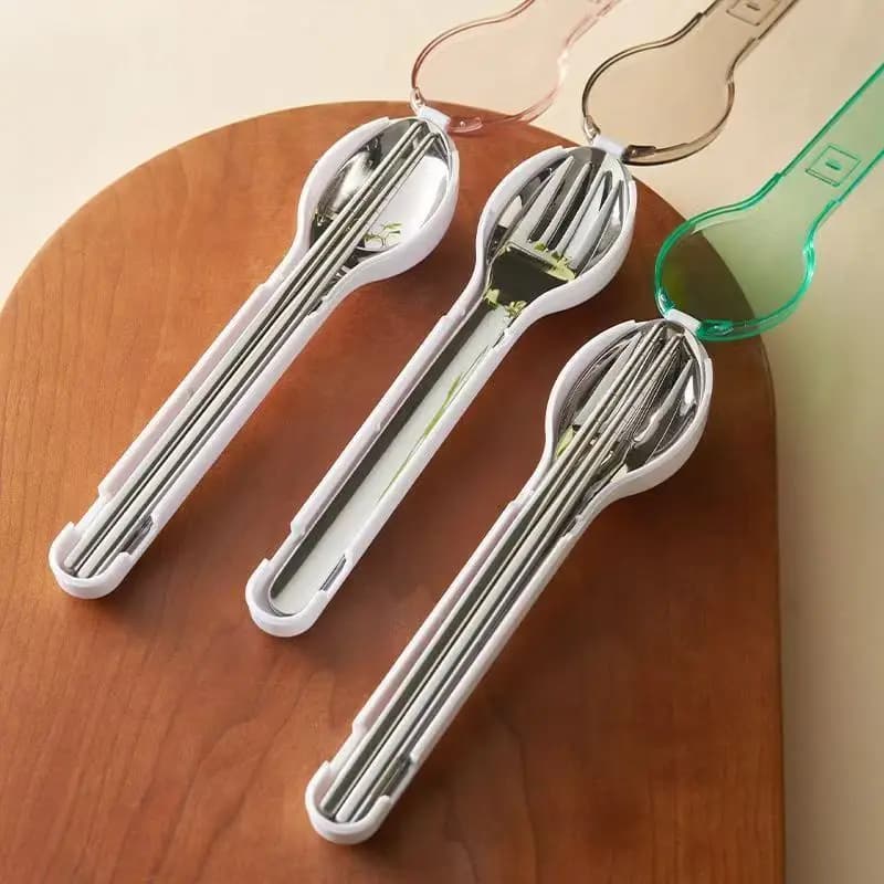 Set di posate portatili con scatola portaoggetti Stoviglie da campeggio da viaggio all'aperto Coltello in acciaio inossidabile Cucchiaio Forchetta Bacchette Natale
