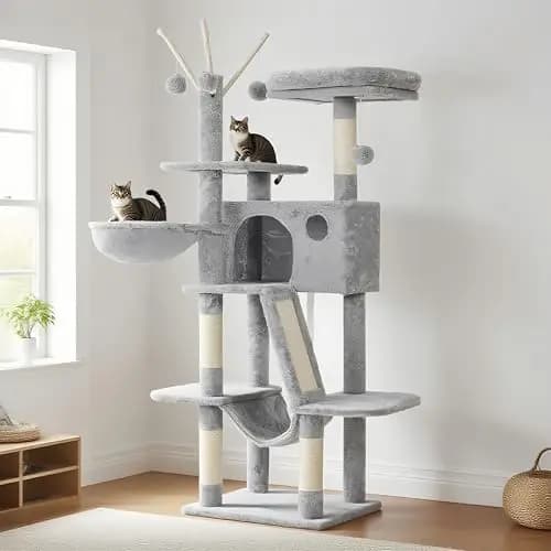 Albero per Gatti da Interno 53 Pollici - Grigio Chiaro con Tiragraffi, Amache e Palline Giocattolo - Hey-brother MPJ019-SW