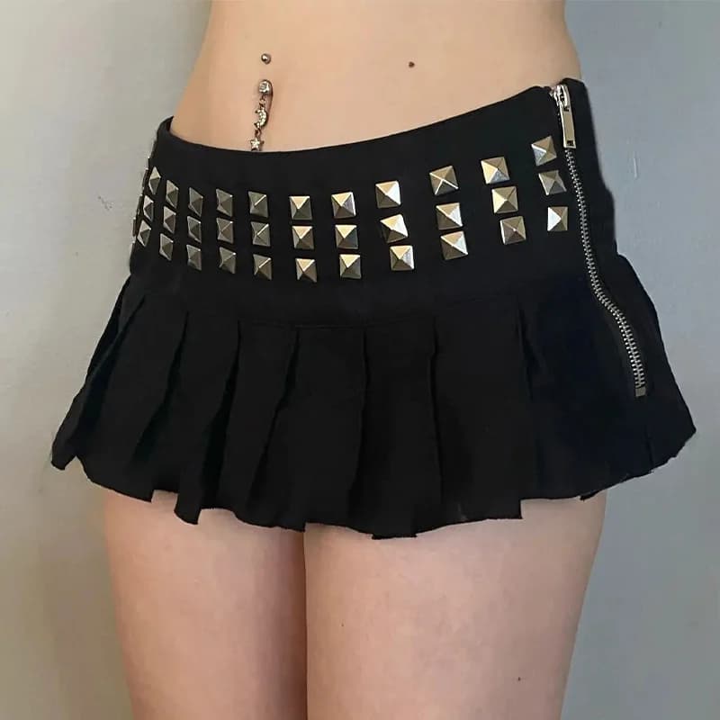 Estate Moda Street Wear Donna Gotico Punk Croce Nail Piega Mini Gonna a vita alta Gonna corta Gonna con cerniera nera 2026 Nuovo
