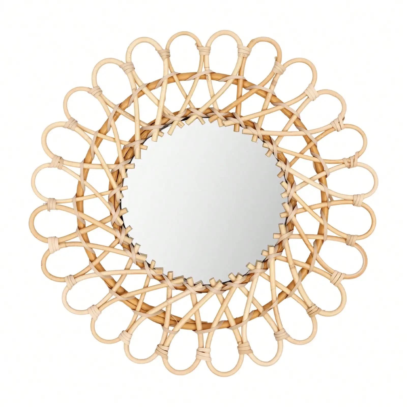Round Rattan Mirror, Round Decorative Wall-Mounted Mirror, Handmade Rural Mirror, Vanity Mirror For Bathroom Bedroom Living Room Farmhouse